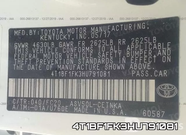 4T1BF1FK3HU791081 фото 10