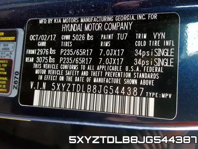 5XYZTDLB8JG544387 фото 2