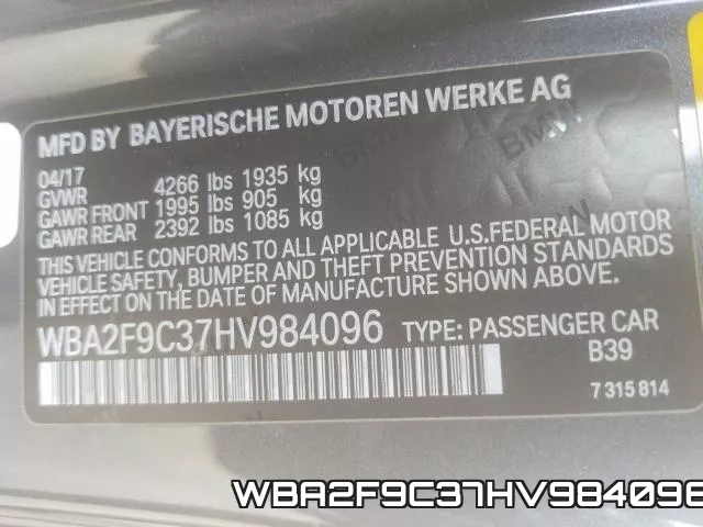 WBA2F9C37HV984096 фото 2