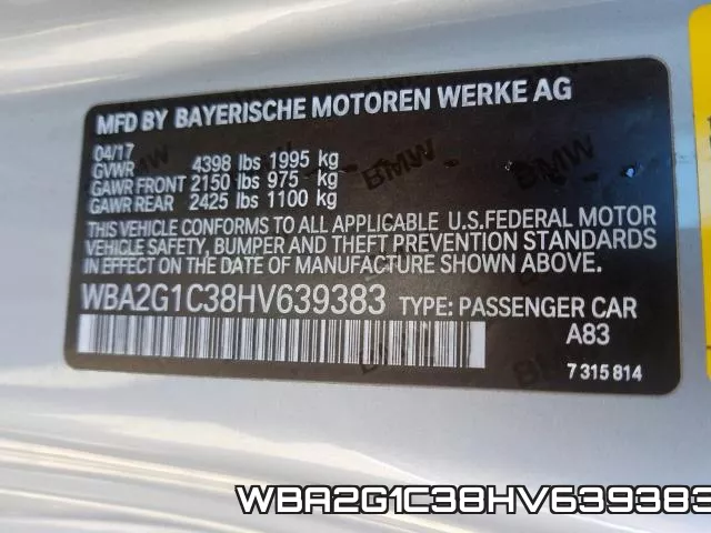 WBA2G1C38HV639383 фото 2