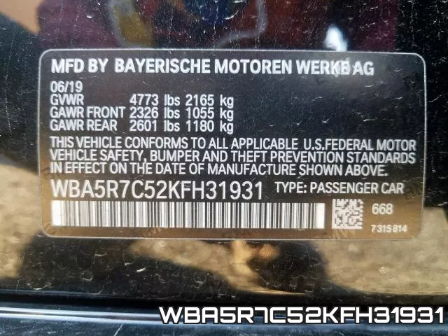 WBA5R7C52KFH31931 фото 2
