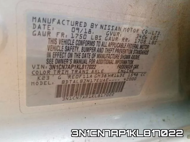 3N1CN7AP1KL817022 фото 2