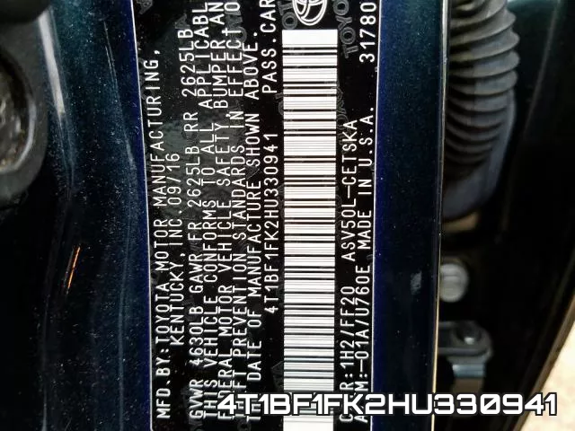 4T1BF1FK2HU330941 фото 2