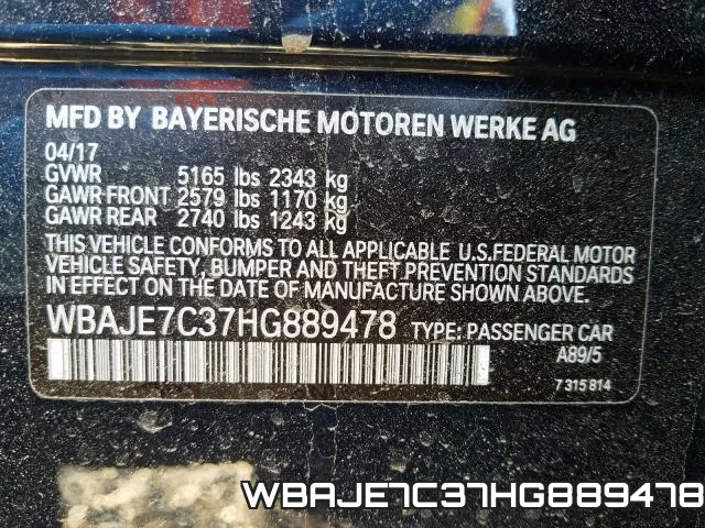 WBAJE7C37HG889478 фото 2