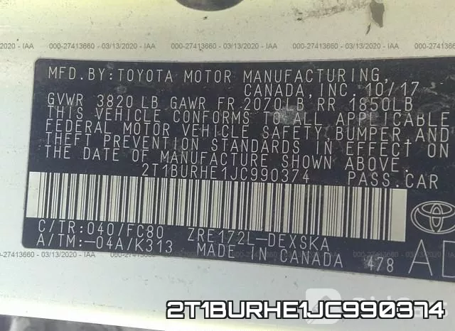 2T1BURHE1JC990374 фото 10