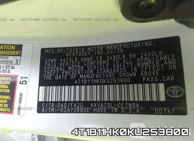 4T1B11HK0KU253800 фото 10