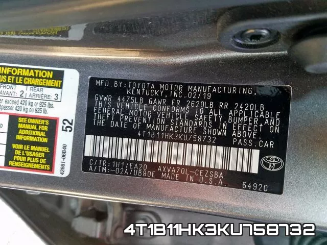 4T1B11HK3KU758732 фото 2