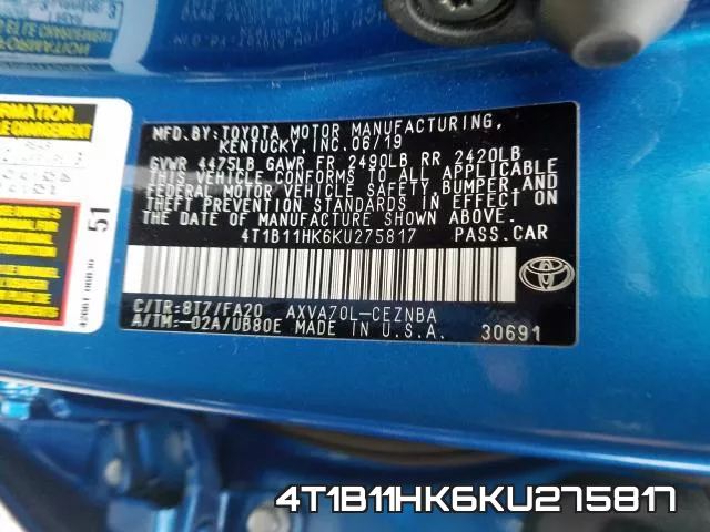 4T1B11HK6KU275817 фото 2