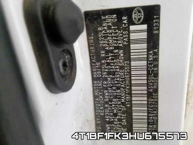 4T1BF1FK3HU675573 фото 2