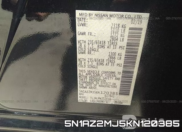 5N1AZ2MJ5KN120385 фото 10
