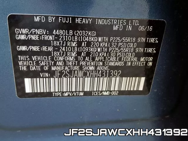 JF2SJAWCXHH431392 фото 2