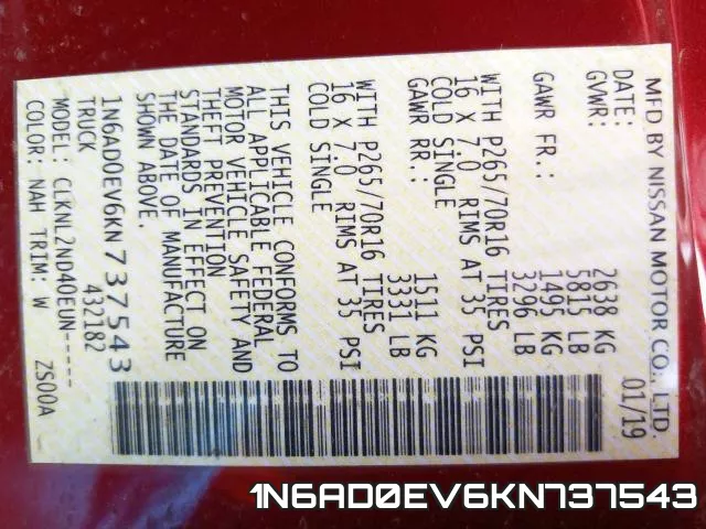 1N6AD0EV6KN737543 фото 2