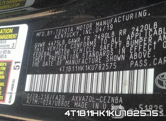 4T1B11HK1KU782575 фото 10