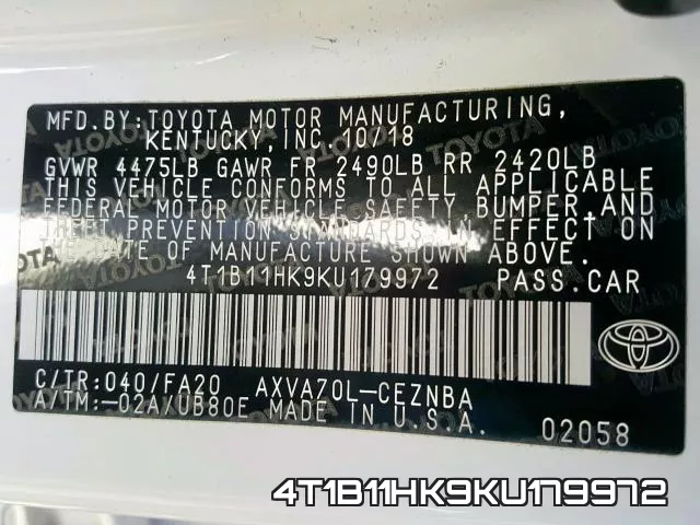 4T1B11HK9KU179972 фото 2