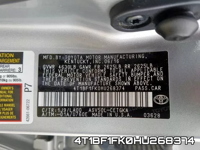 4T1BF1FK0HU268374 фото 2