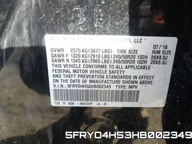 5FRYD4H53HB002349 фото 2