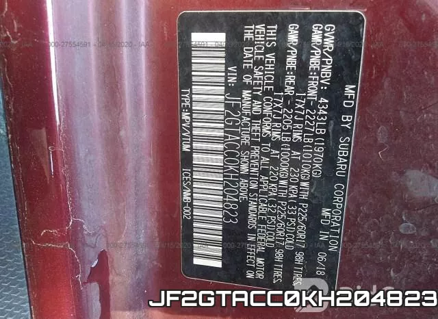 JF2GTACC0KH204823 фото 10