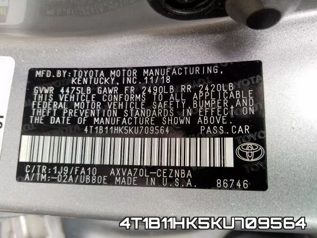 4T1B11HK5KU709564 фото 2