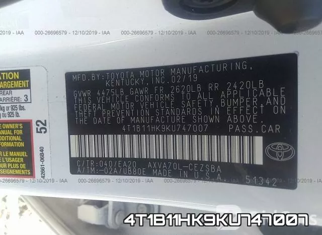 4T1B11HK9KU747007 фото 10