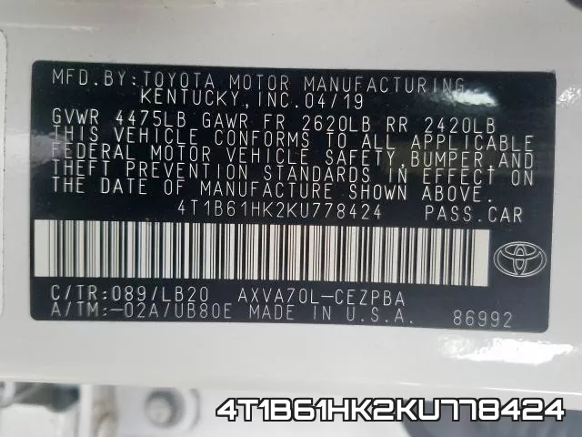 4T1B61HK2KU778424 фото 2