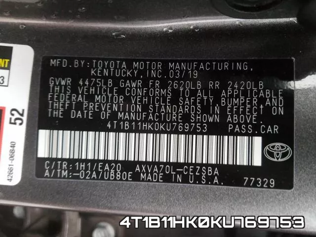 4T1B11HK0KU769753 фото 2