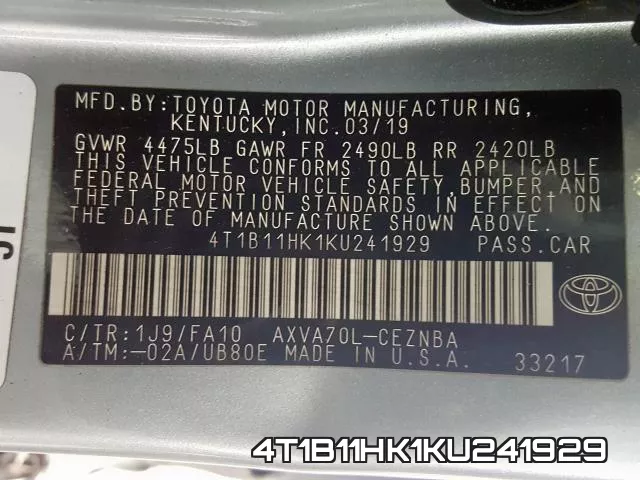 4T1B11HK1KU241929 фото 2