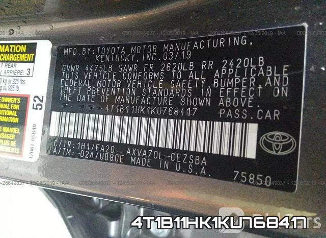 4T1B11HK1KU768417 фото 10