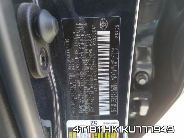4T1B11HK1KU777943 фото 2