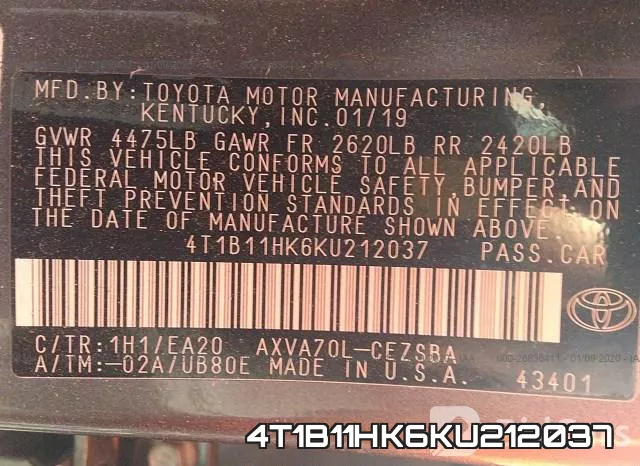 4T1B11HK6KU212037 фото 10