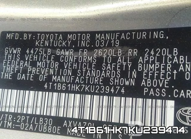 4T1B61HK7KU239474 фото 10
