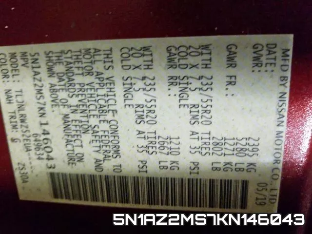 5N1AZ2MS7KN146043 фото 2