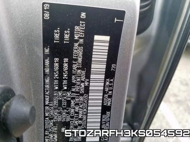 5TDZARFH3KS054592 фото 2