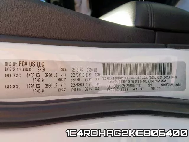 1C4RDHAG2KC806400 фото 2