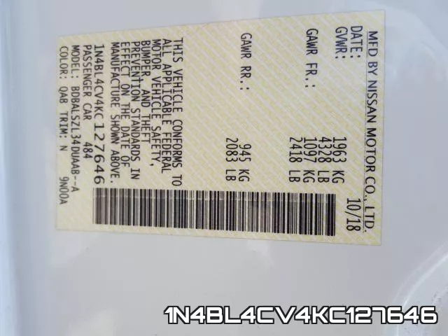 1N4BL4CV4KC127646 фото 2