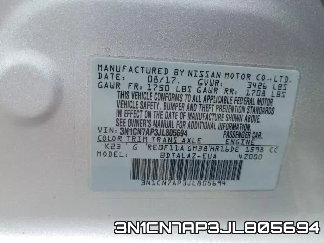 3N1CN7AP3JL805694 фото 2