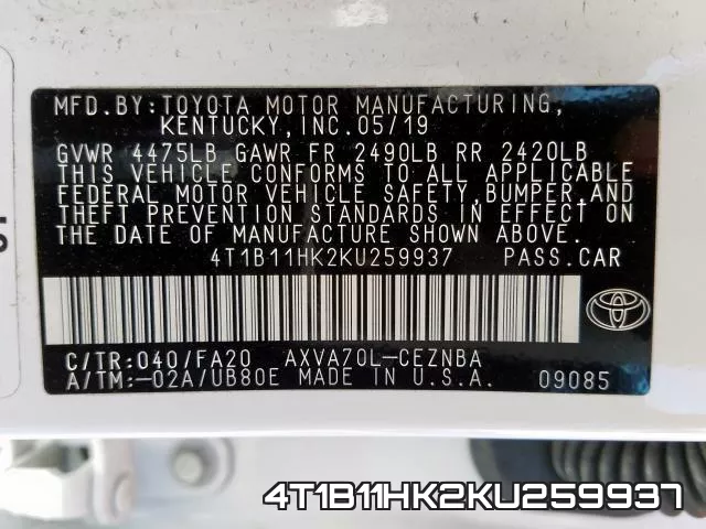 4T1B11HK2KU259937 фото 2