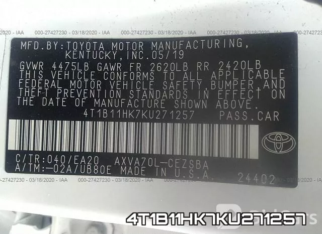 4T1B11HK7KU271257 фото 10