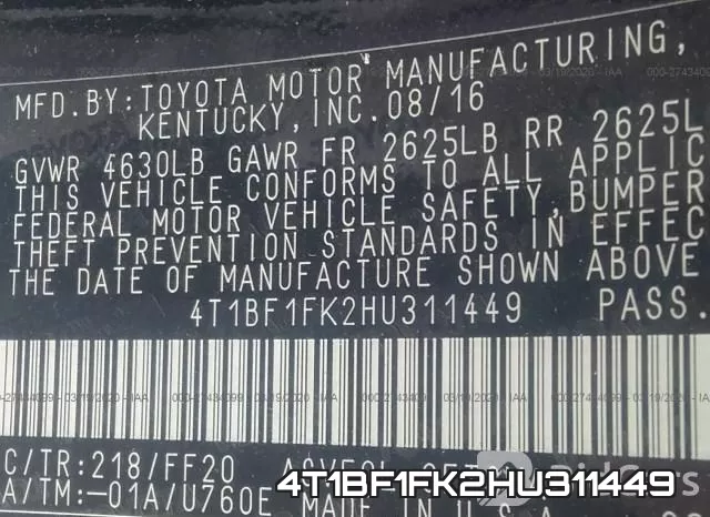4T1BF1FK2HU311449 фото 10