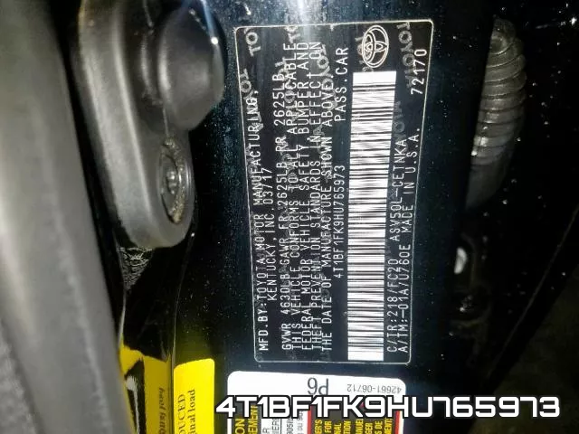 4T1BF1FK9HU765973 фото 2