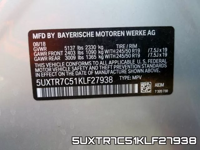 5UXTR7C51KLF27938 фото 2