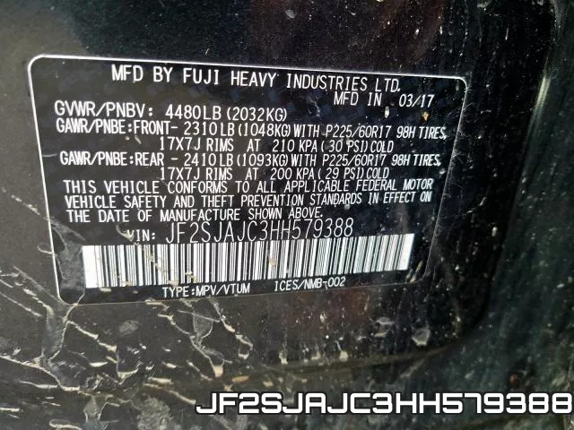 JF2SJAJC3HH579388 фото 2