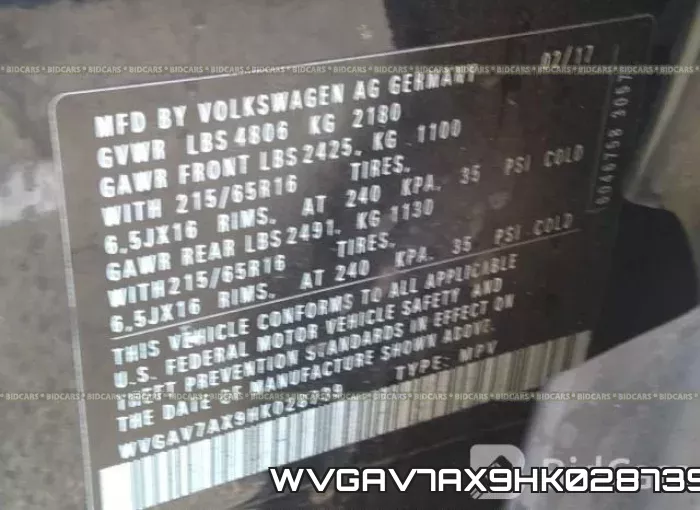 WVGAV7AX9HK028739 фото 10