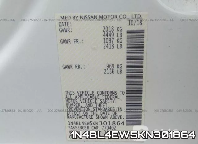 1N4BL4EW5KN301864 фото 10