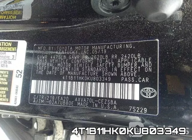4T1B11HK0KU803349 фото 10