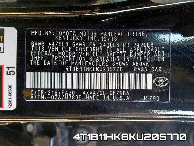 4T1B11HK8KU205770 фото 2