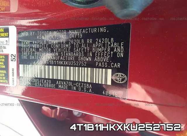 4T1B11HKXKU252752 фото 10