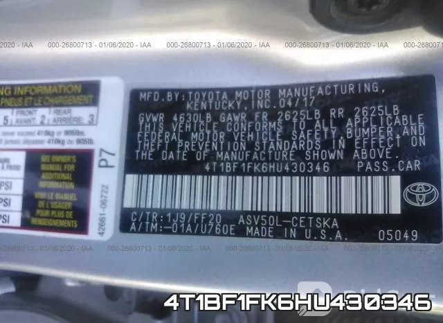 4T1BF1FK6HU430346 фото 10