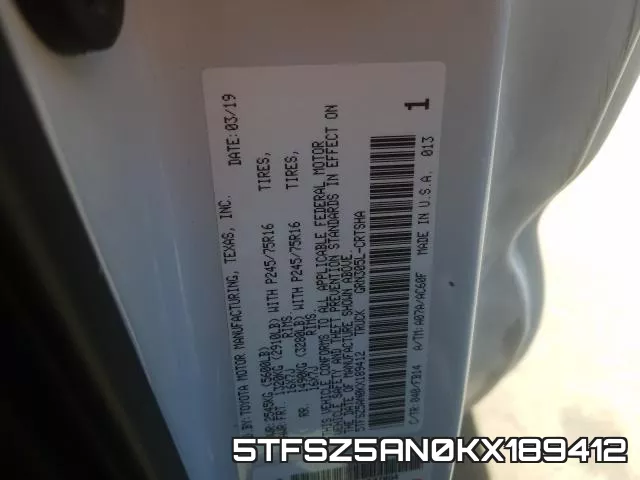 5TFSZ5AN0KX189412 фото 2