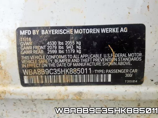 WBA8B9C35HK885011 фото 2