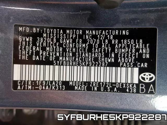 5YFBURHE5KP922287 фото 2